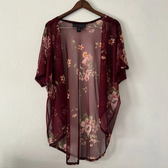 Mesh Kimono Floral Knit Wine Rose Relaxed Sheer Boho Size Large Polly & Esther - Picture 11 of 12